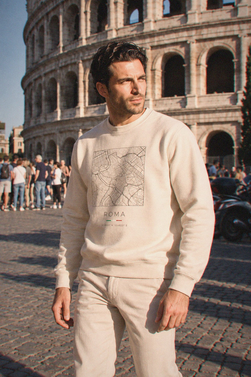 Rome map sweatshirt worn, three-quarter view, Rome