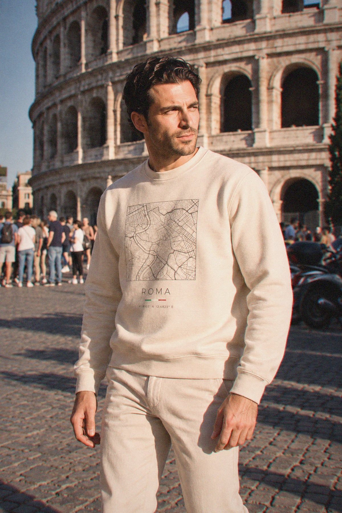 Rome map sweatshirt worn, three-quarter view, Rome
