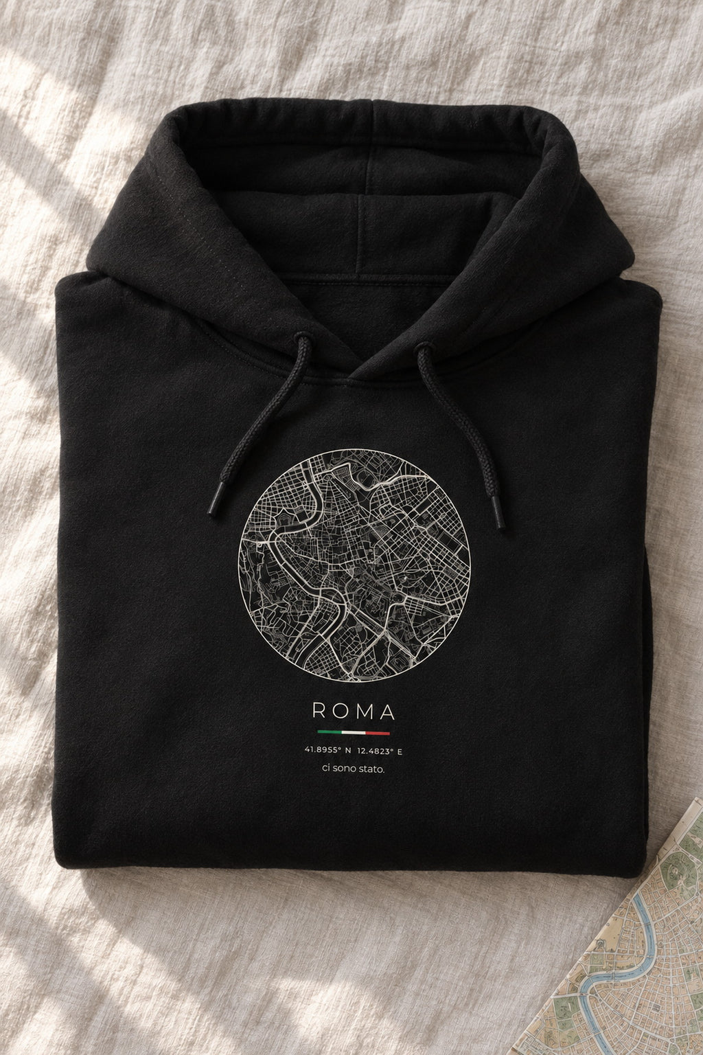 Rome map hoodie folded flat, front print