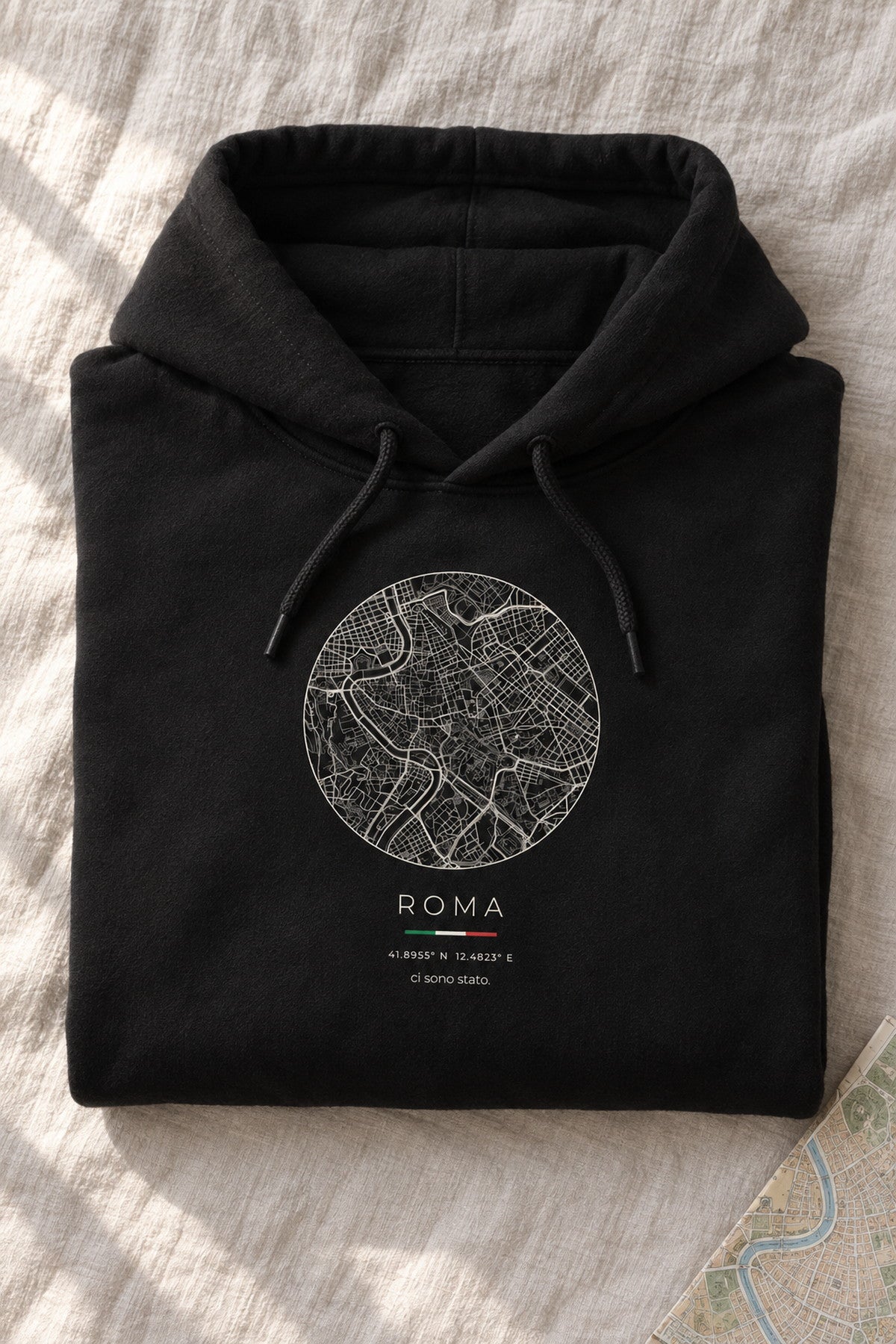 Rome map hoodie folded flat, front print