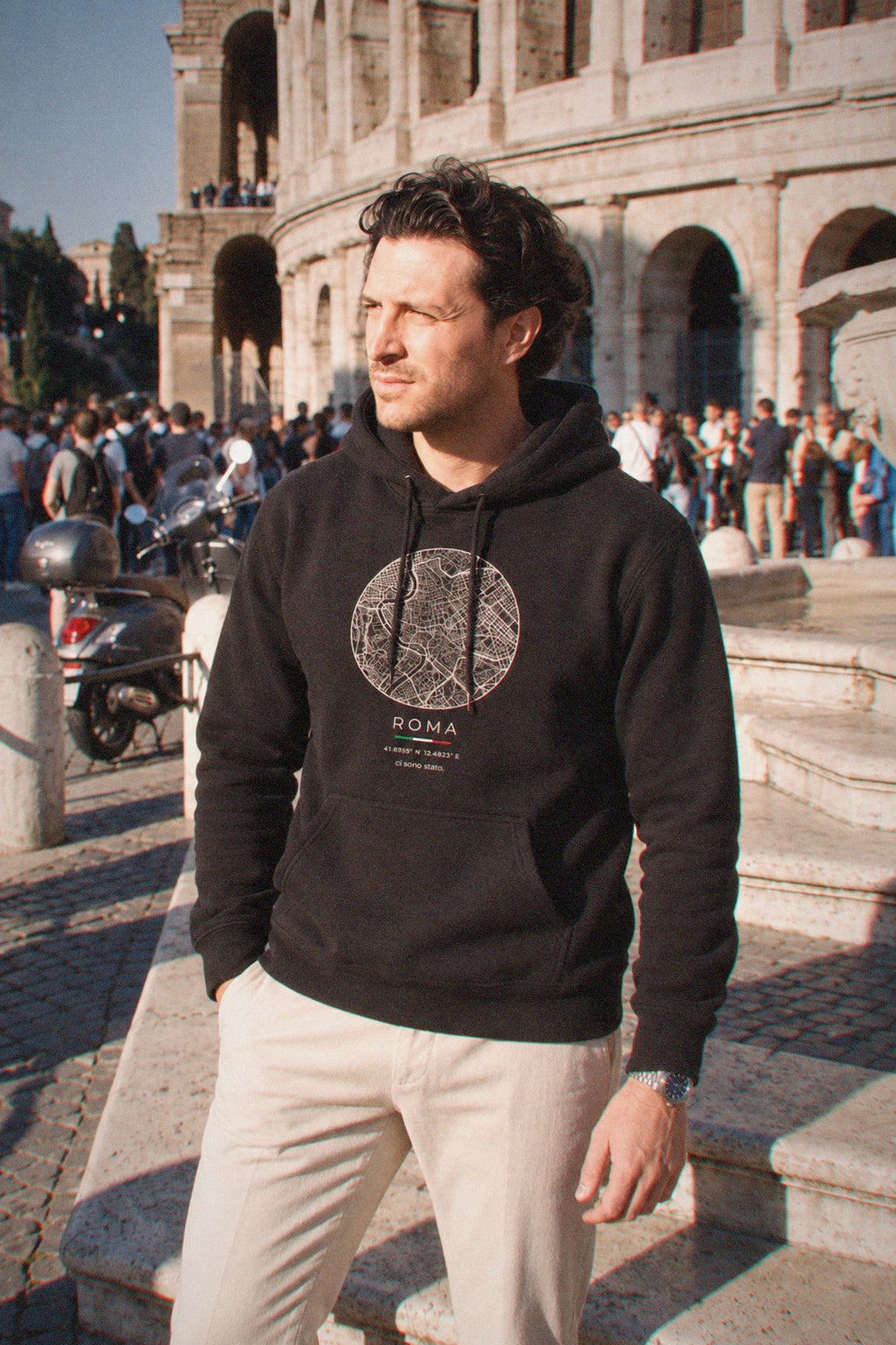 Rome map hoodie worn, three-quarter view, Rome