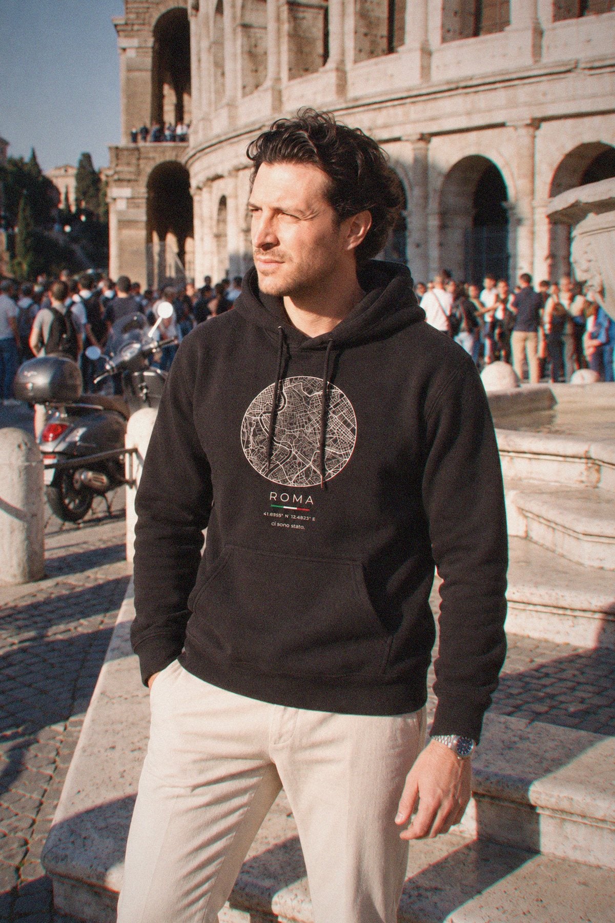 Rome map hoodie worn, three-quarter view, Rome