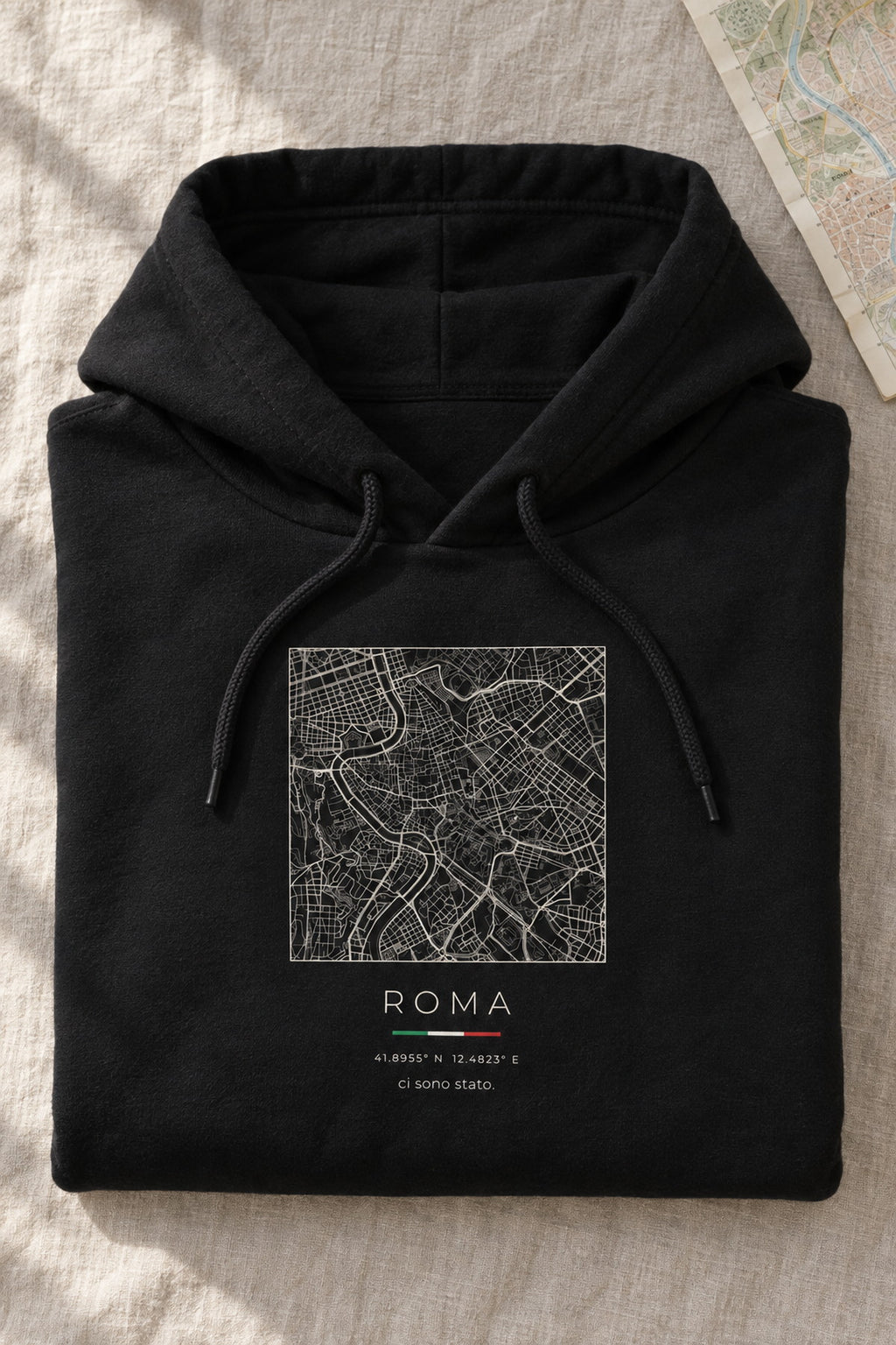 Rome map hoodie folded flat, front print