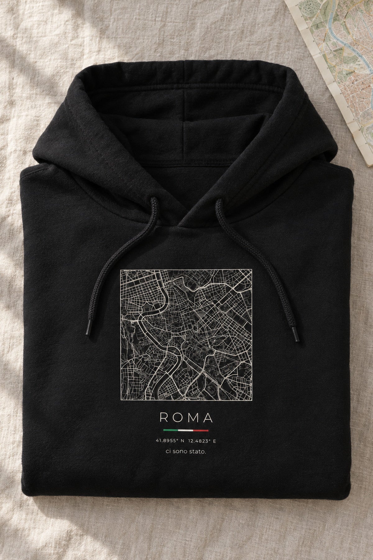 Rome map hoodie folded flat, front print