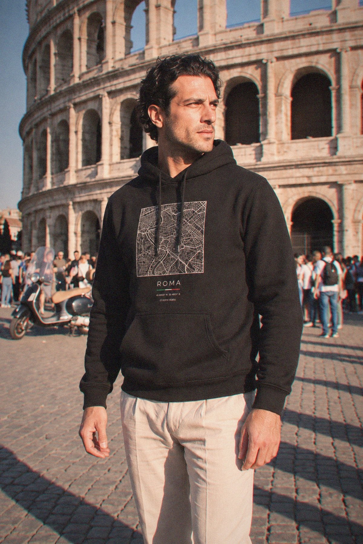Rome map hoodie worn, three-quarter view, Rome