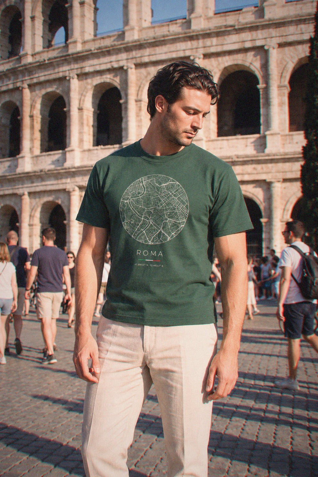 Rome map t-shirt worn, three-quarter view, Rome