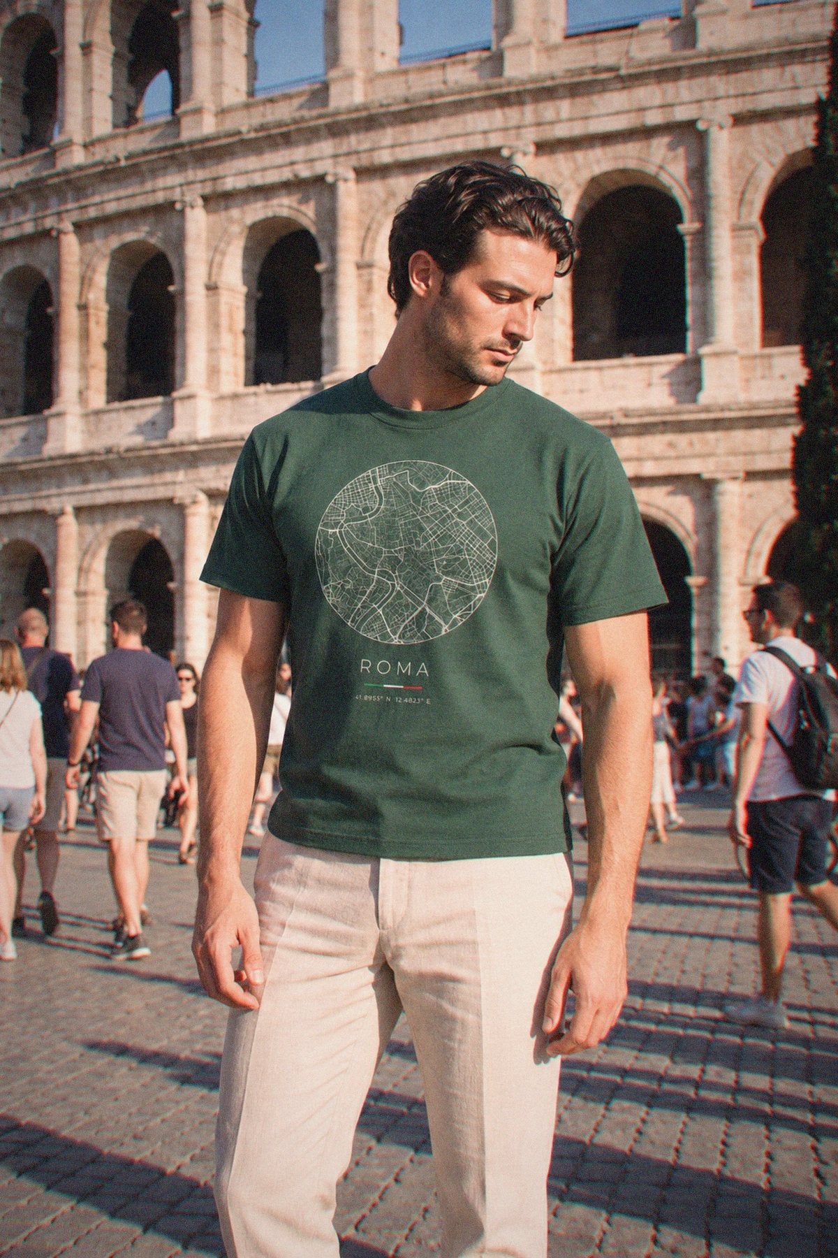 Rome map t-shirt worn, three-quarter view, Rome