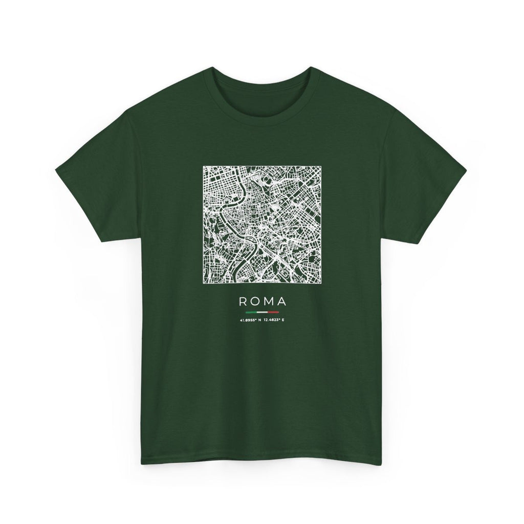 Rome Street Map T-Shirt, Square Map, Forest Green, Italy Travel Gift, flat lay