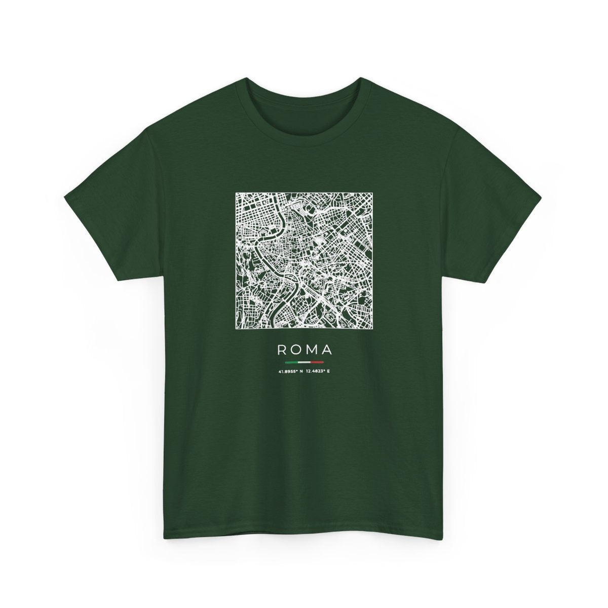 Rome Street Map T-Shirt, Square Map, Forest Green, Italy Travel Gift, flat lay