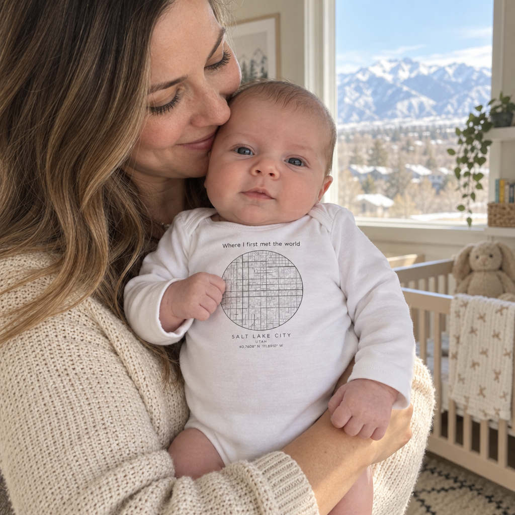 Personalised birthplace map baby bodysuit, Where I first met the world