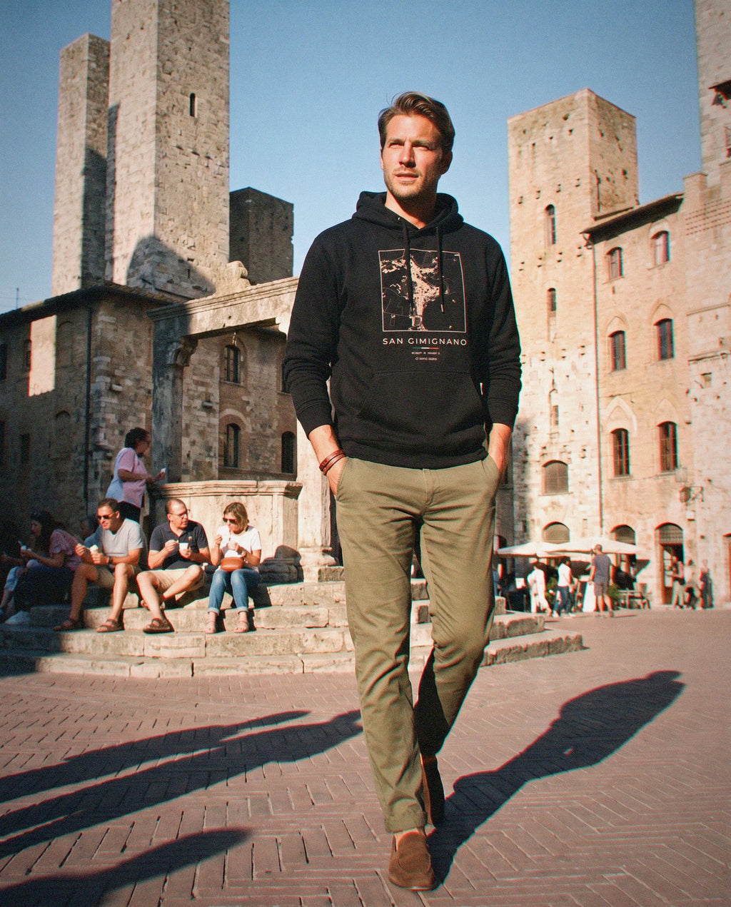 San Gimignano map hoodie in Black, square street map of San Gimignano, worn in San Gimignano. Postmark.