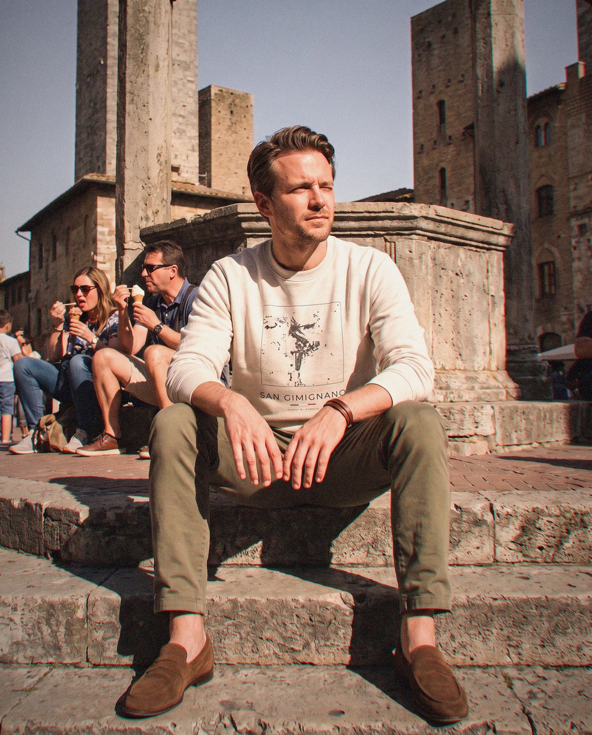 San Gimignano map sweatshirt in Sand, square street map of San Gimignano, worn in San Gimignano. Postmark.