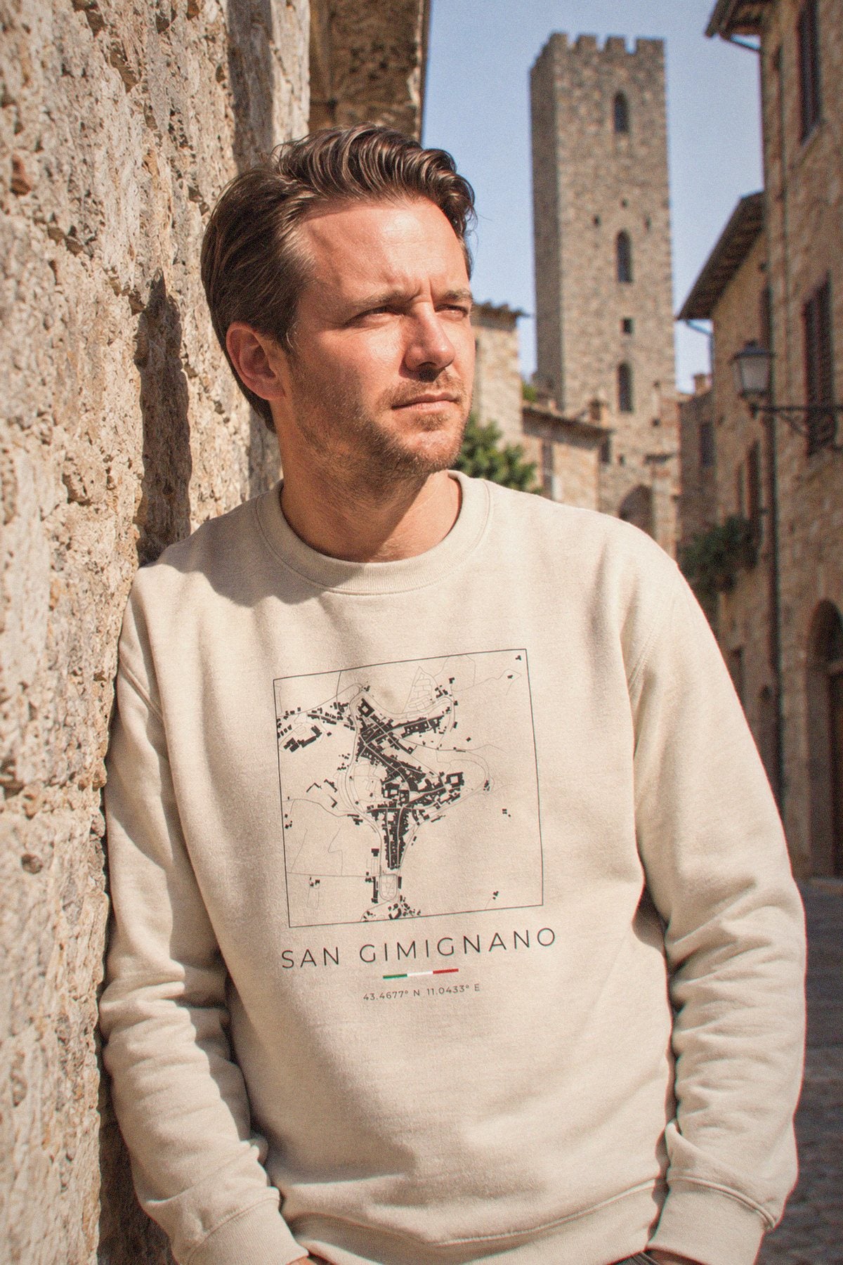 San Gimignano map sweatshirt close-up on the chest print, San Gimignano