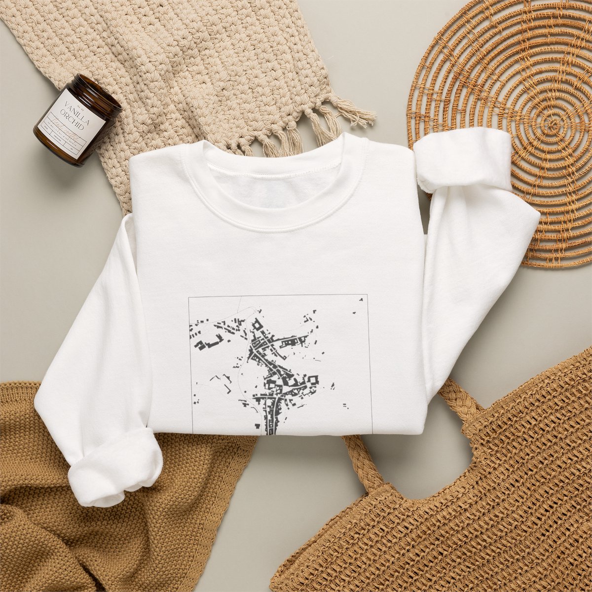 San Gimignano square street map printed on the white crewneck sweatshirt, studio view