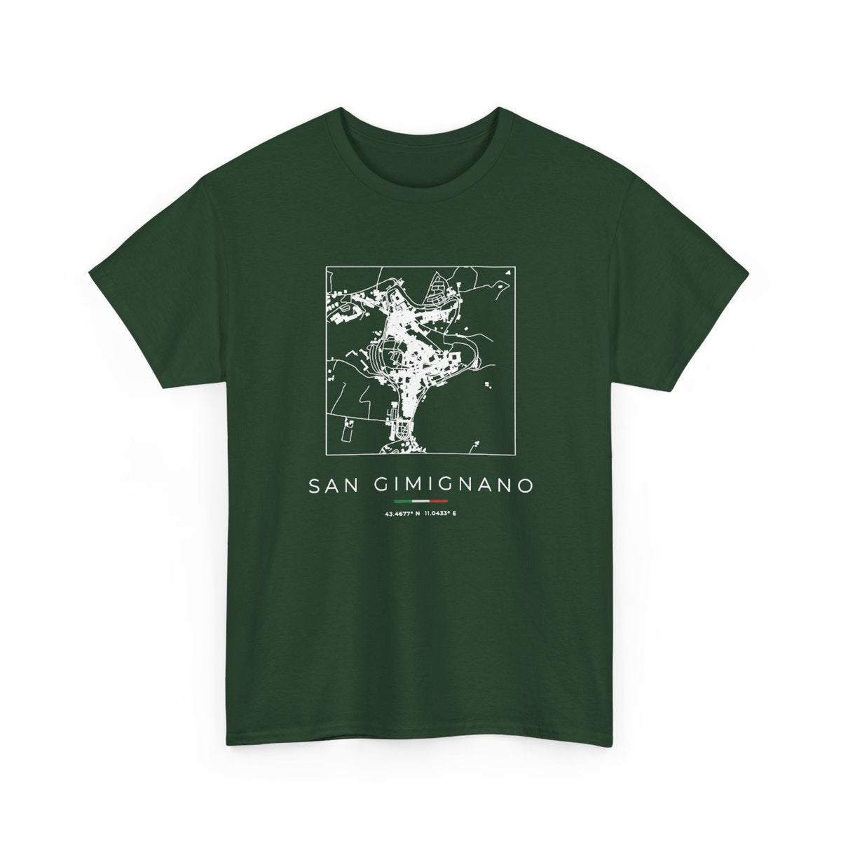 San Gimignano Street Map T-Shirt, Square Map, Forest Green, Italy Travel Gift, flat lay