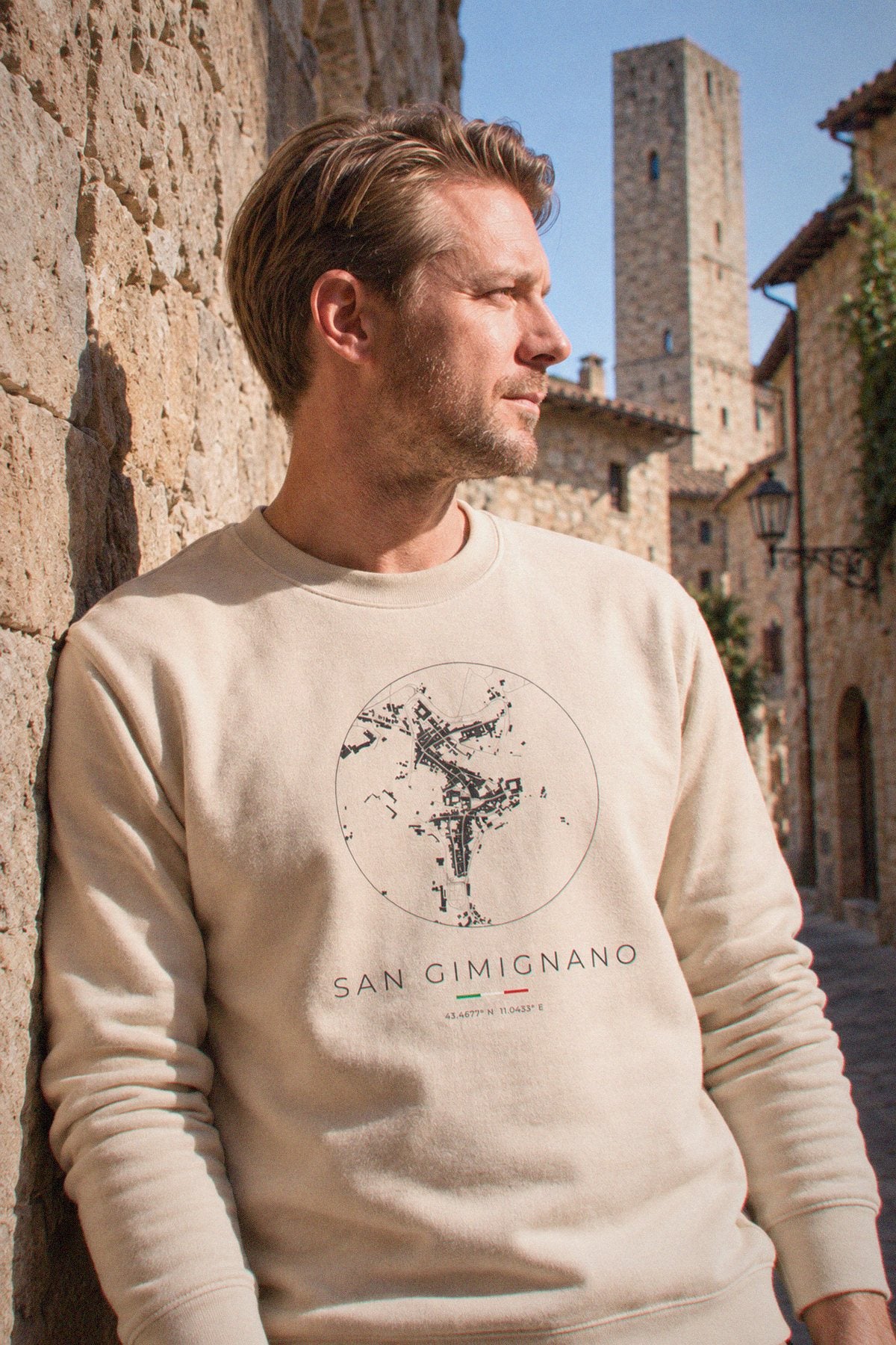 San Gimignano map sweatshirt close-up on the chest print, San Gimignano