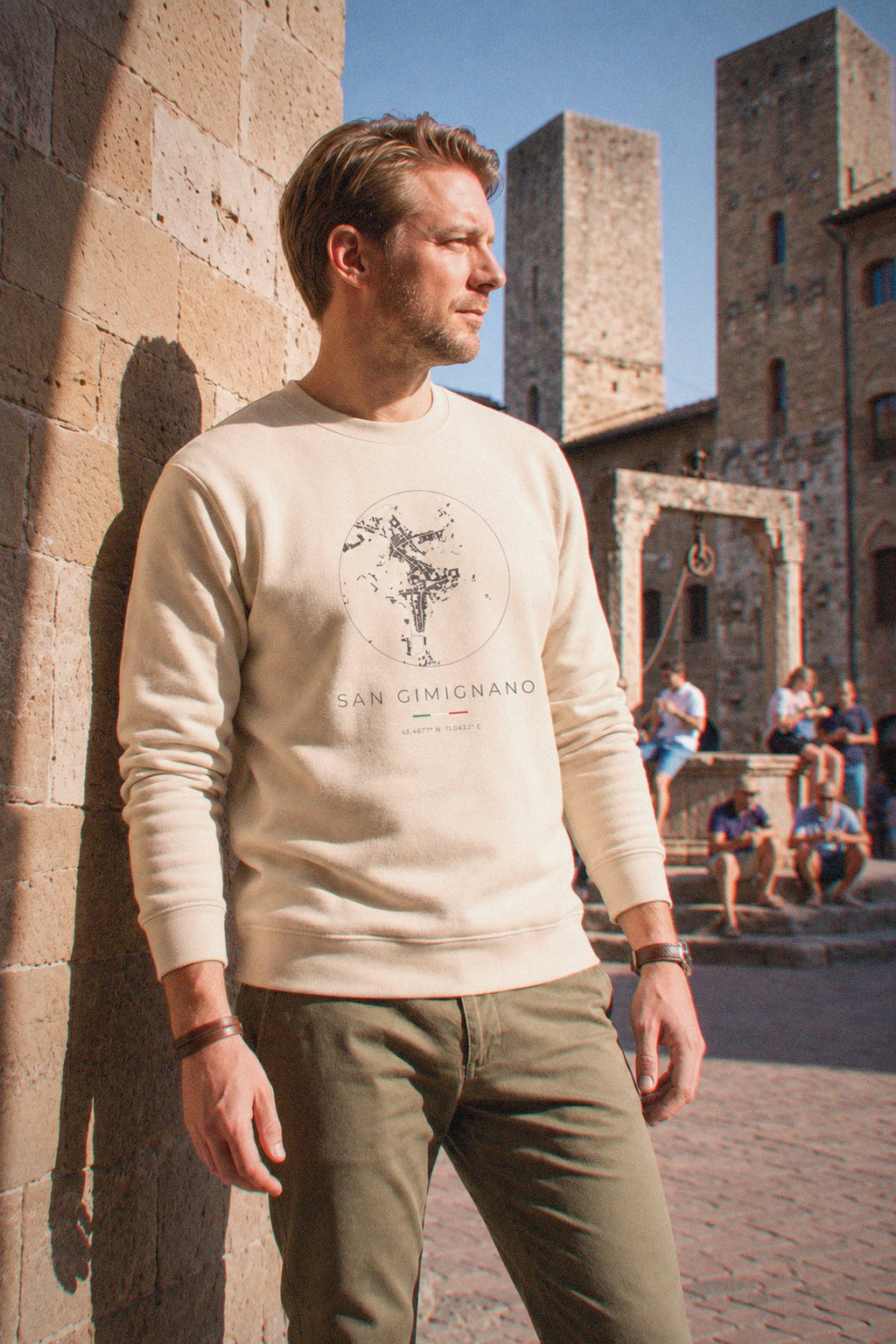 San Gimignano map sweatshirt worn, three-quarter view, San Gimignano