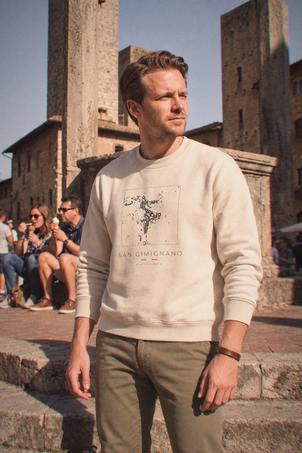 San Gimignano map sweatshirt worn, three-quarter view, San Gimignano