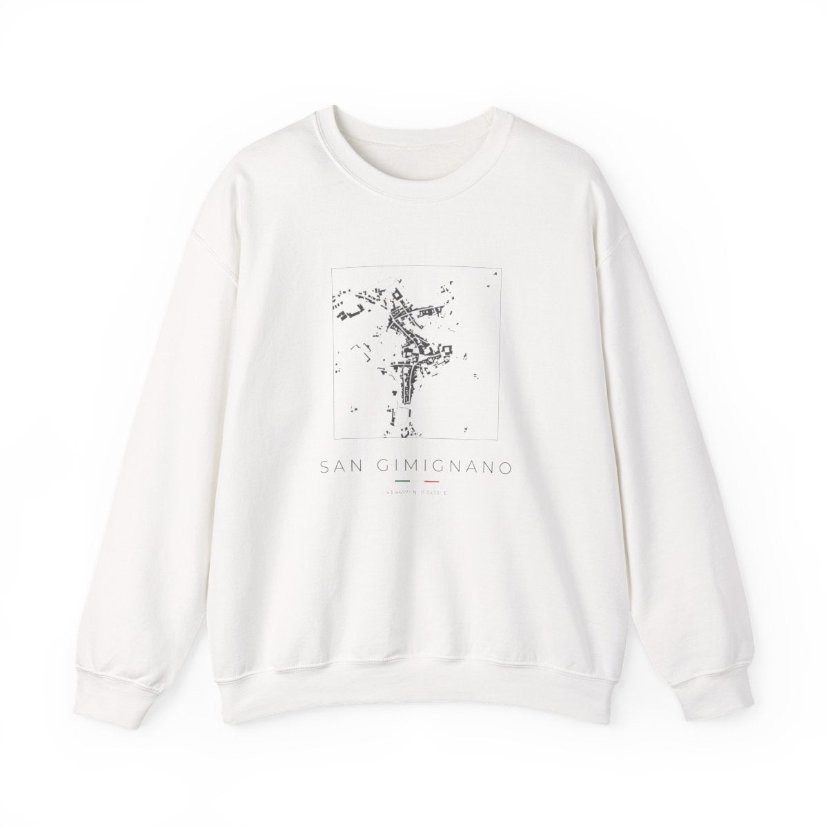San Gimignano square street map printed on the white crewneck sweatshirt, studio view