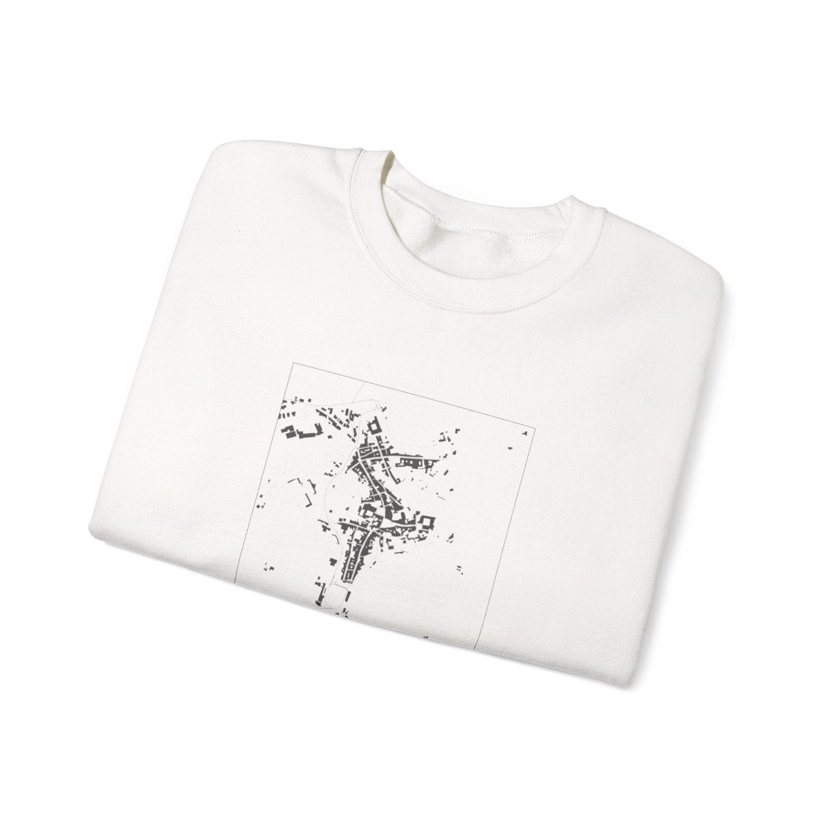 San Gimignano square street map printed on the white crewneck sweatshirt, studio view