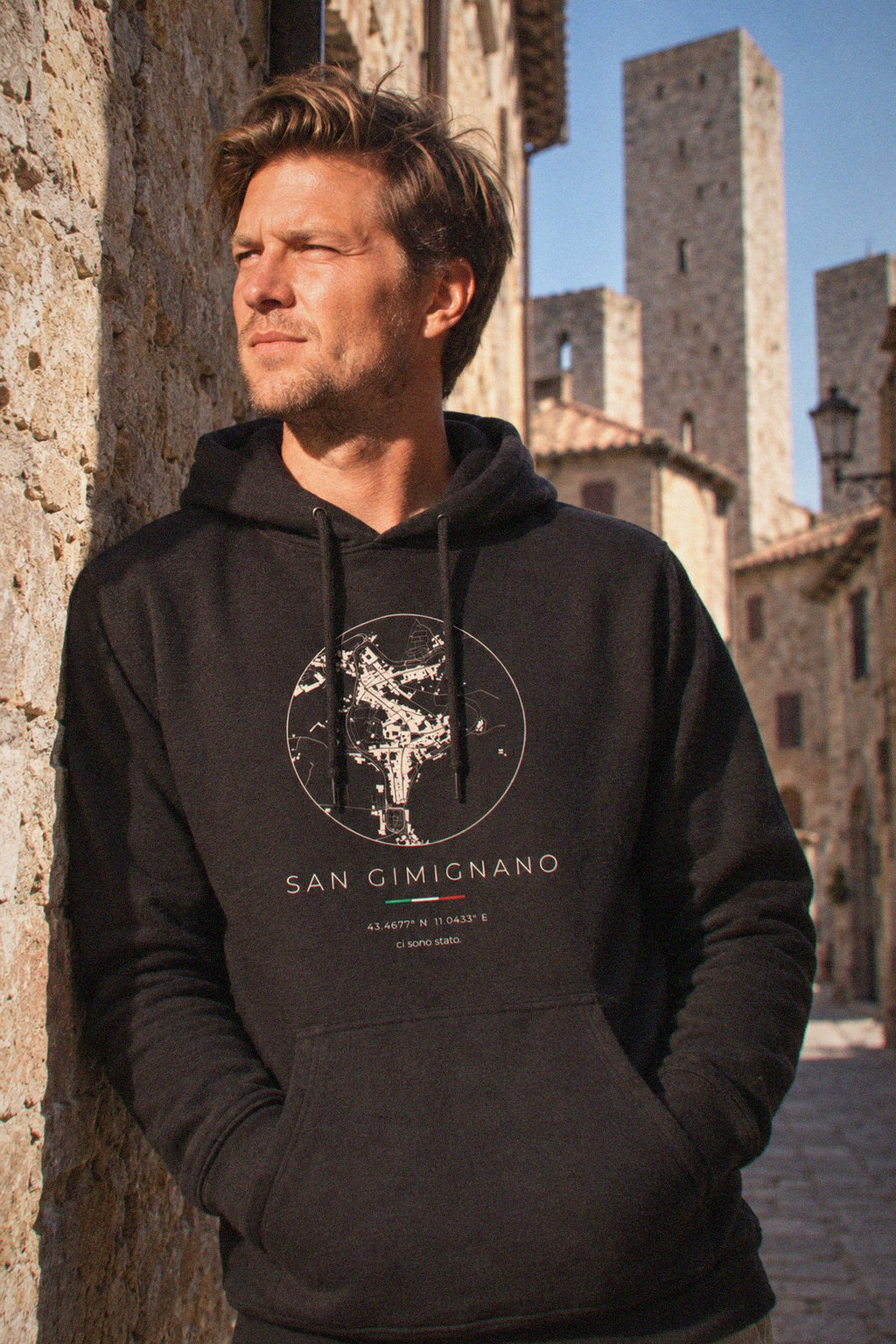 San Gimignano map hoodie close-up on the chest print, San Gimignano