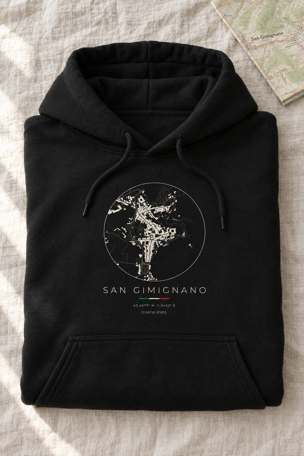 San Gimignano map hoodie folded flat, front print
