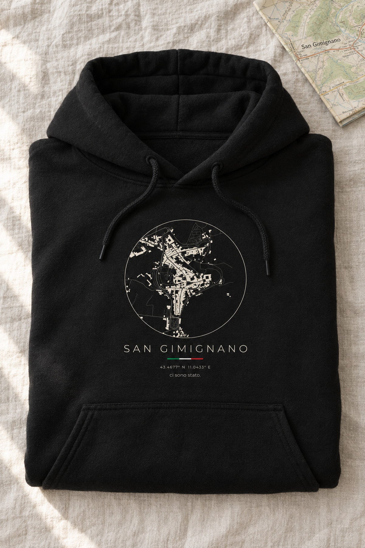 San Gimignano map hoodie folded flat, front print