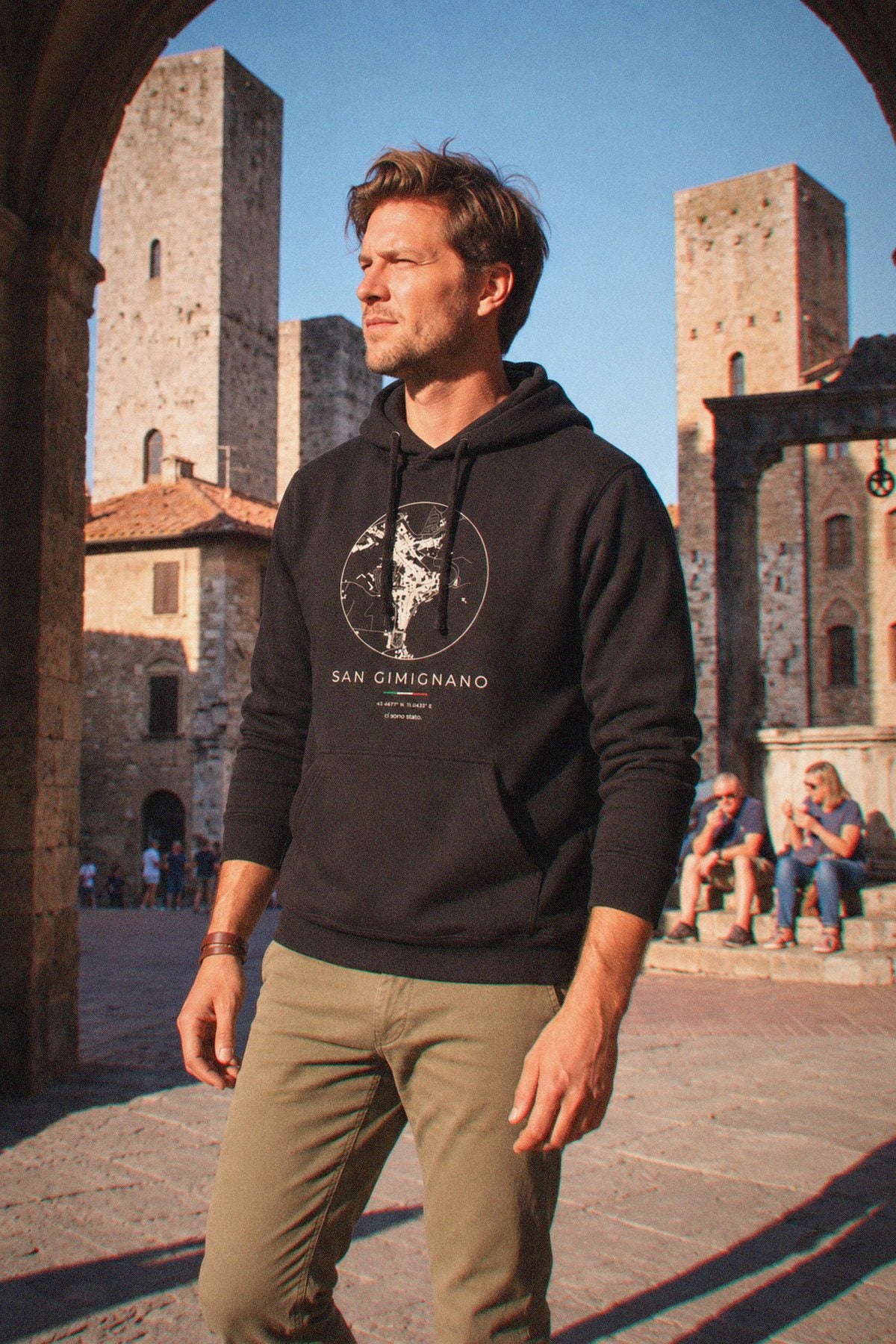 San Gimignano map hoodie worn, three-quarter view, San Gimignano
