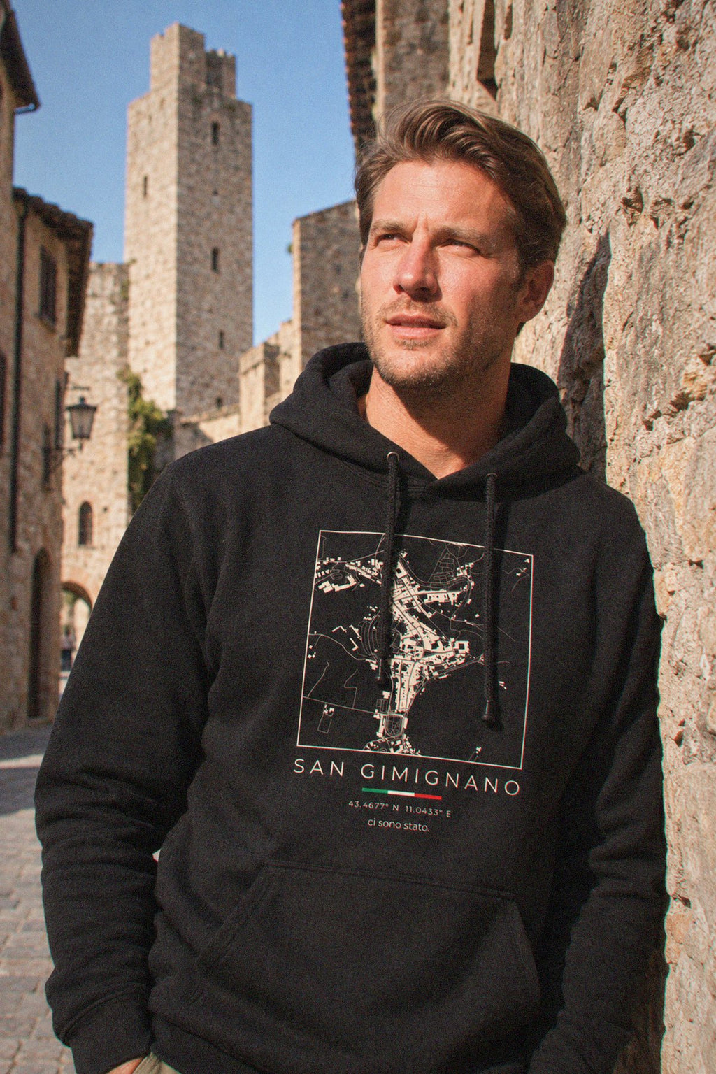 San Gimignano map hoodie close-up on the chest print, San Gimignano