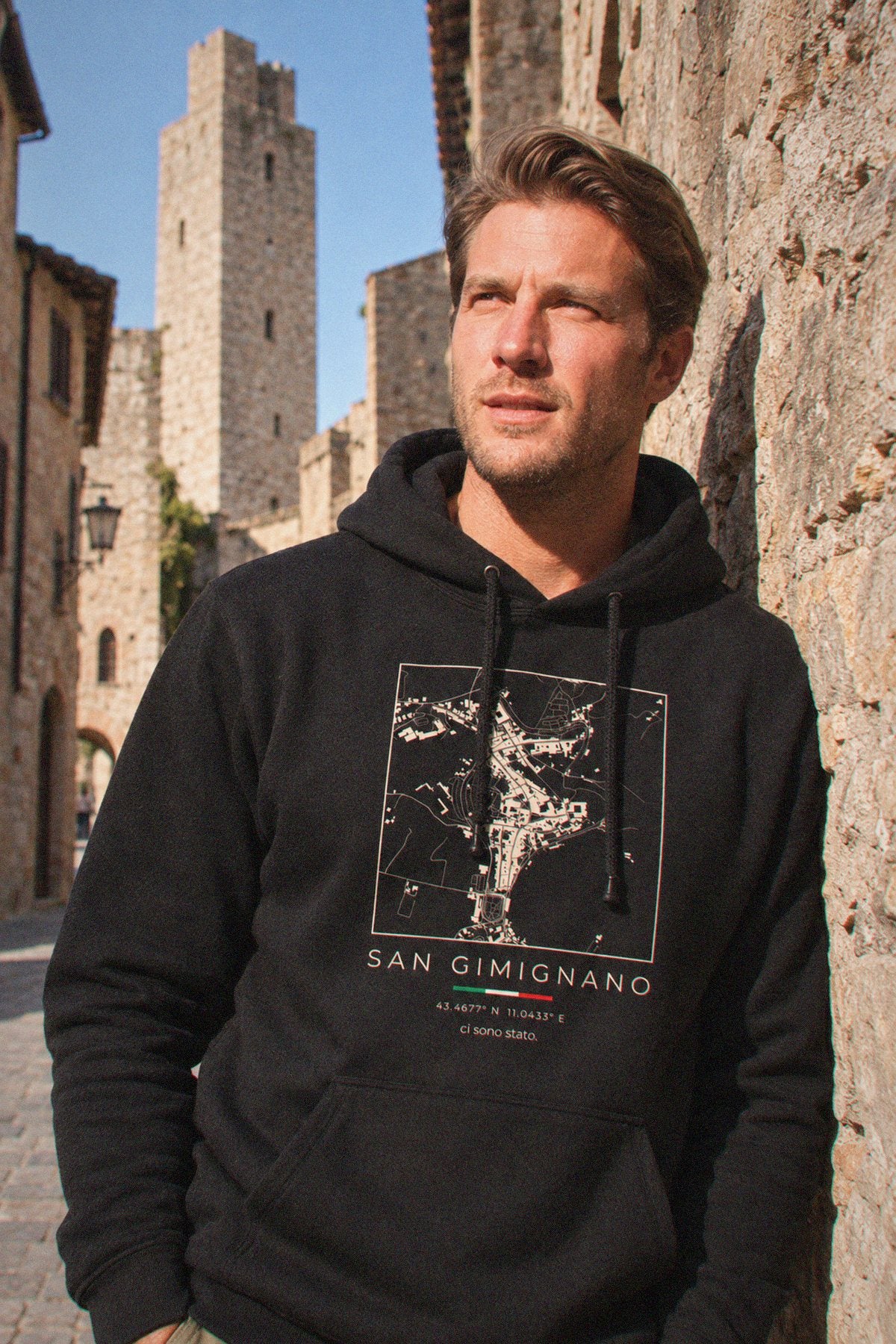 San Gimignano map hoodie close-up on the chest print, San Gimignano
