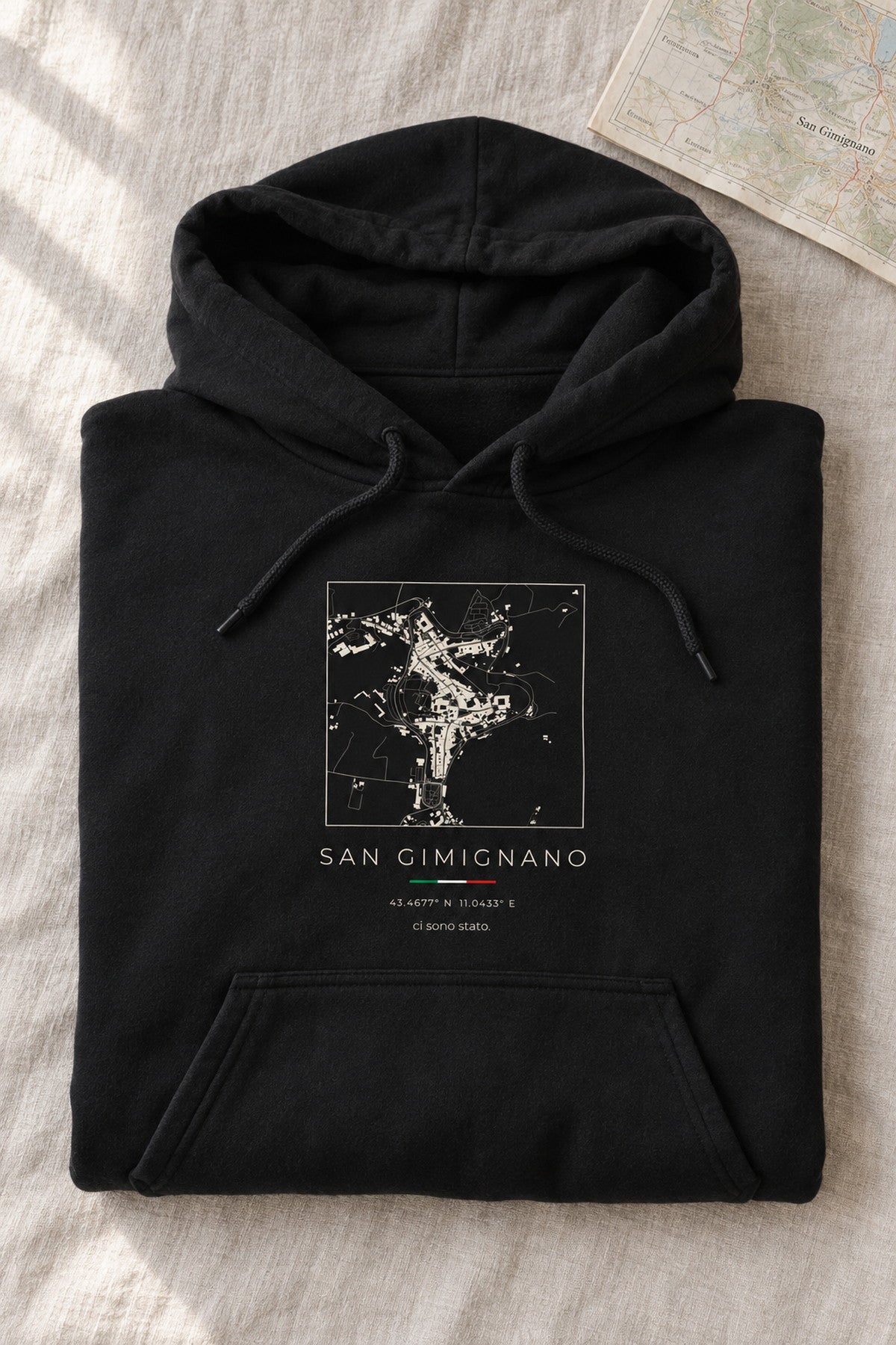 San Gimignano map hoodie folded flat, front print