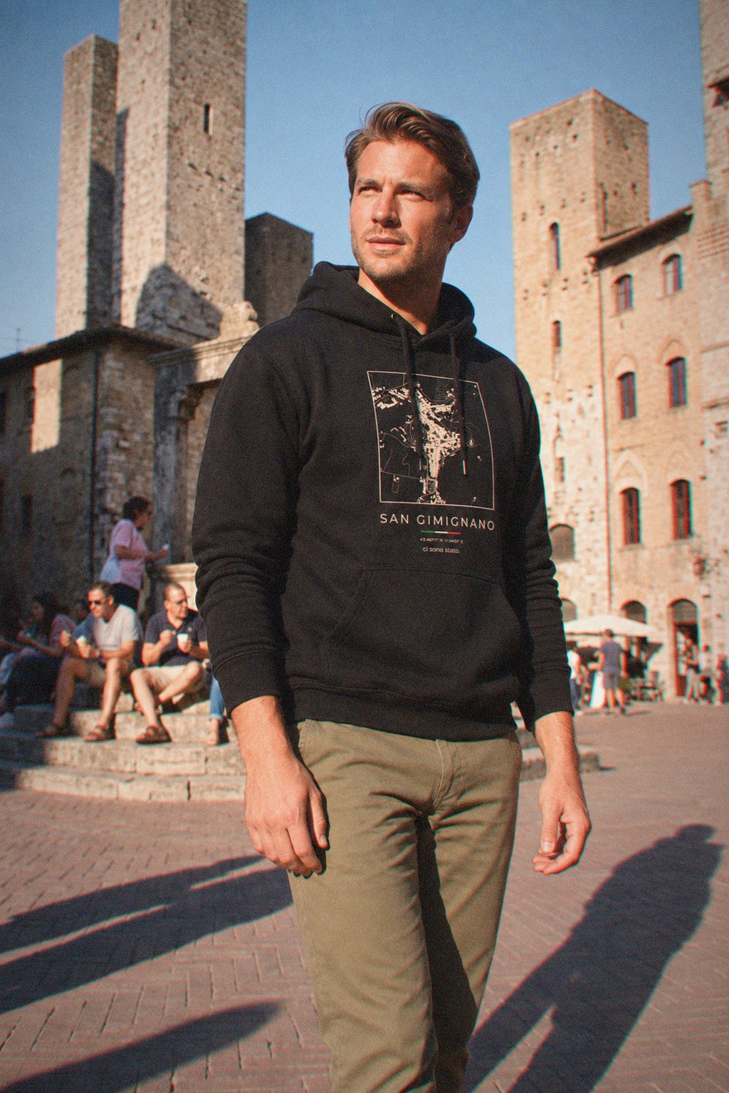 San Gimignano map hoodie worn, three-quarter view, San Gimignano
