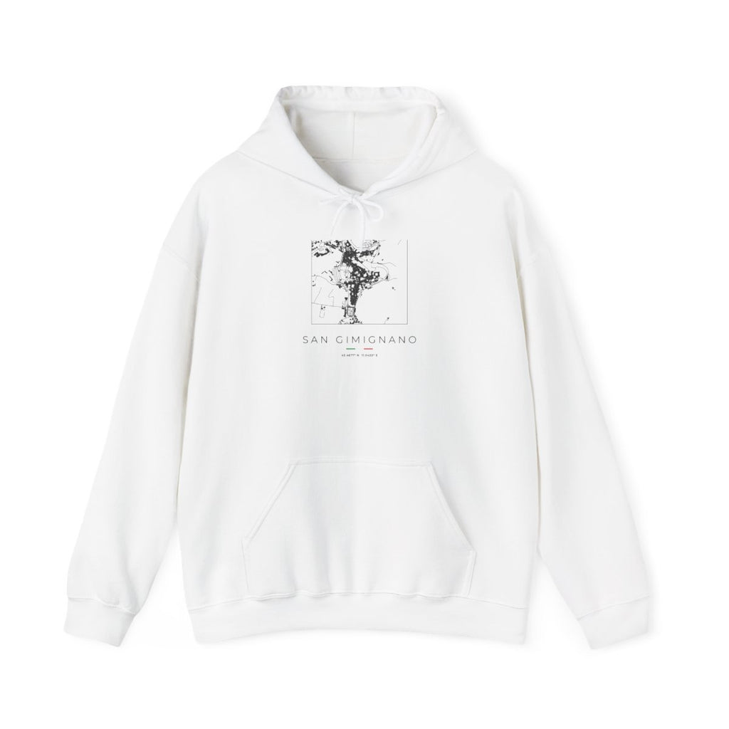 San Gimignano square street map printed on the white hoodie, studio view