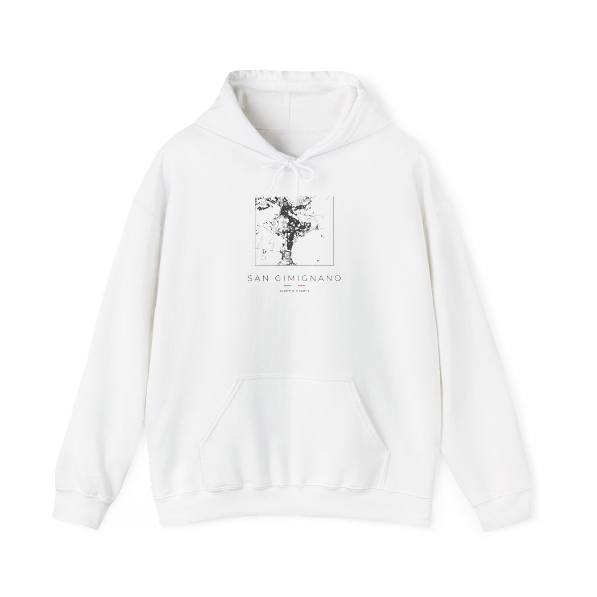 San Gimignano square street map printed on the white hoodie, studio view