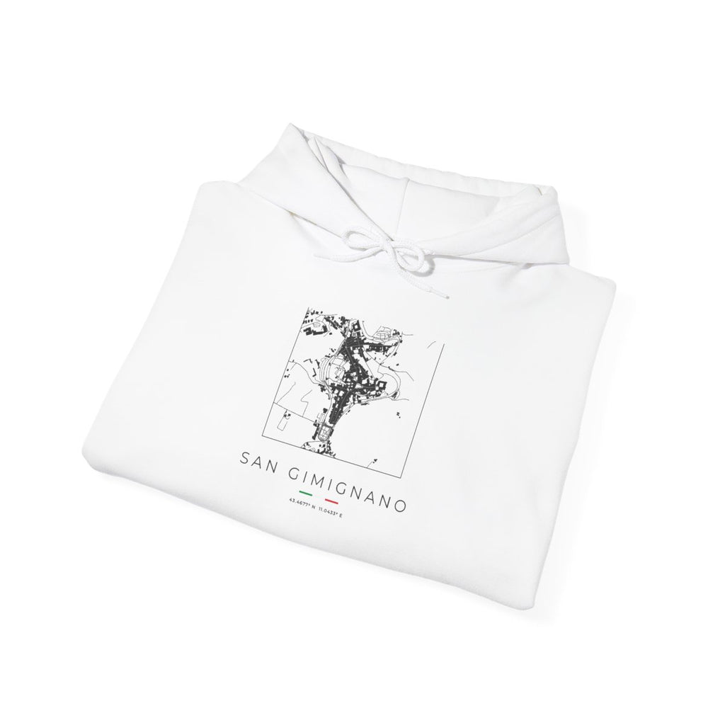San Gimignano square street map printed on the white hoodie, studio view