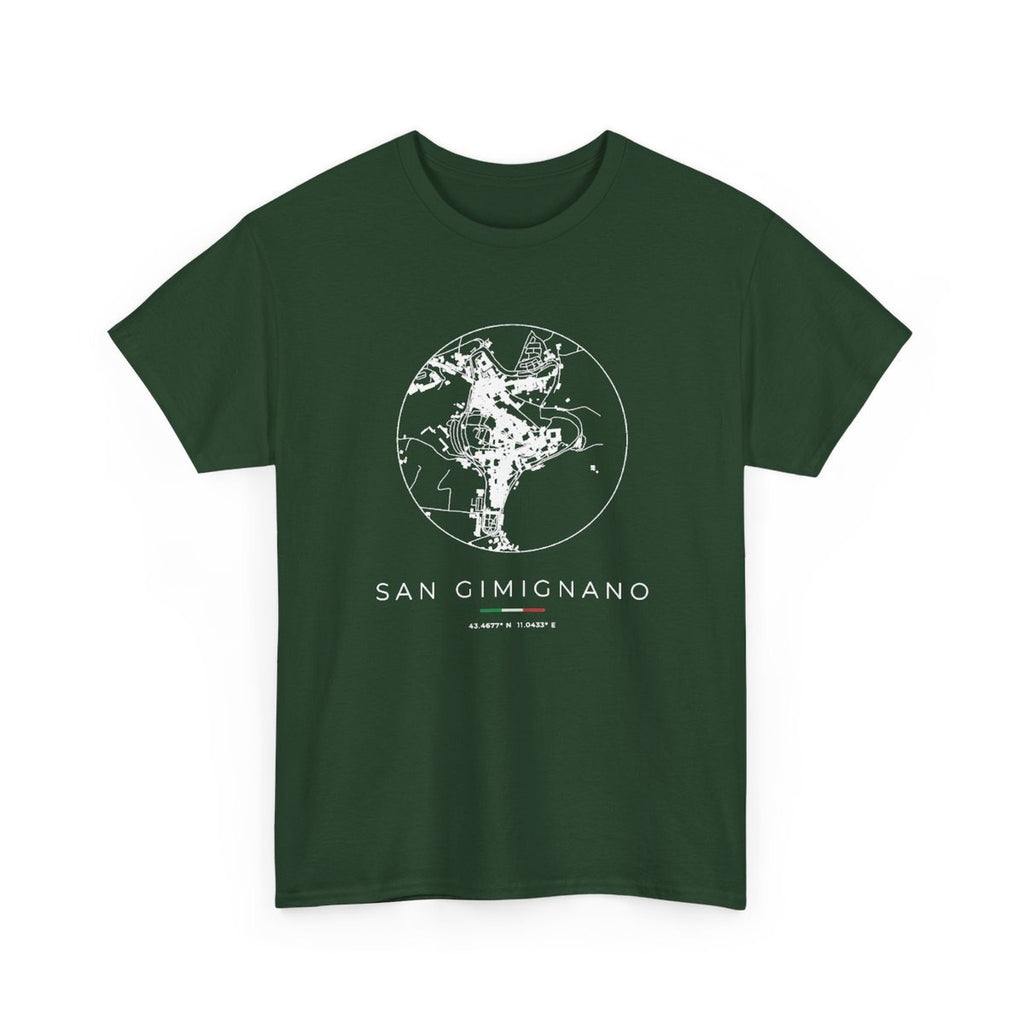 San Gimignano Street Map T-Shirt, Circle Map, Forest Green, Italy Travel Gift, flat lay