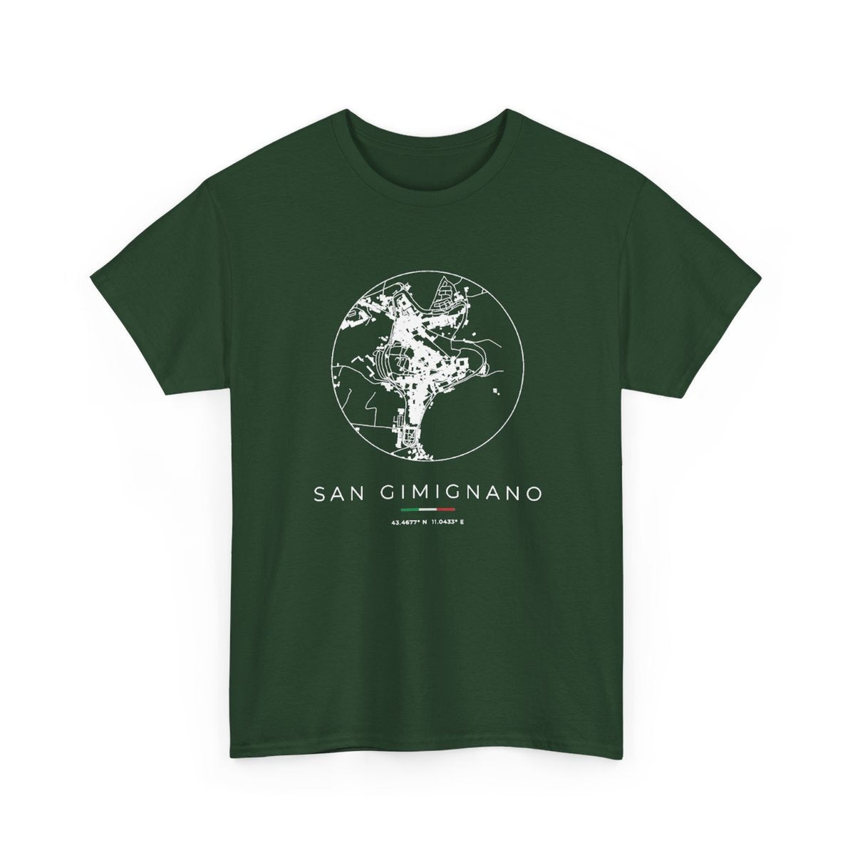 San Gimignano Street Map T-Shirt, Circle Map, Forest Green, Italy Travel Gift, flat lay