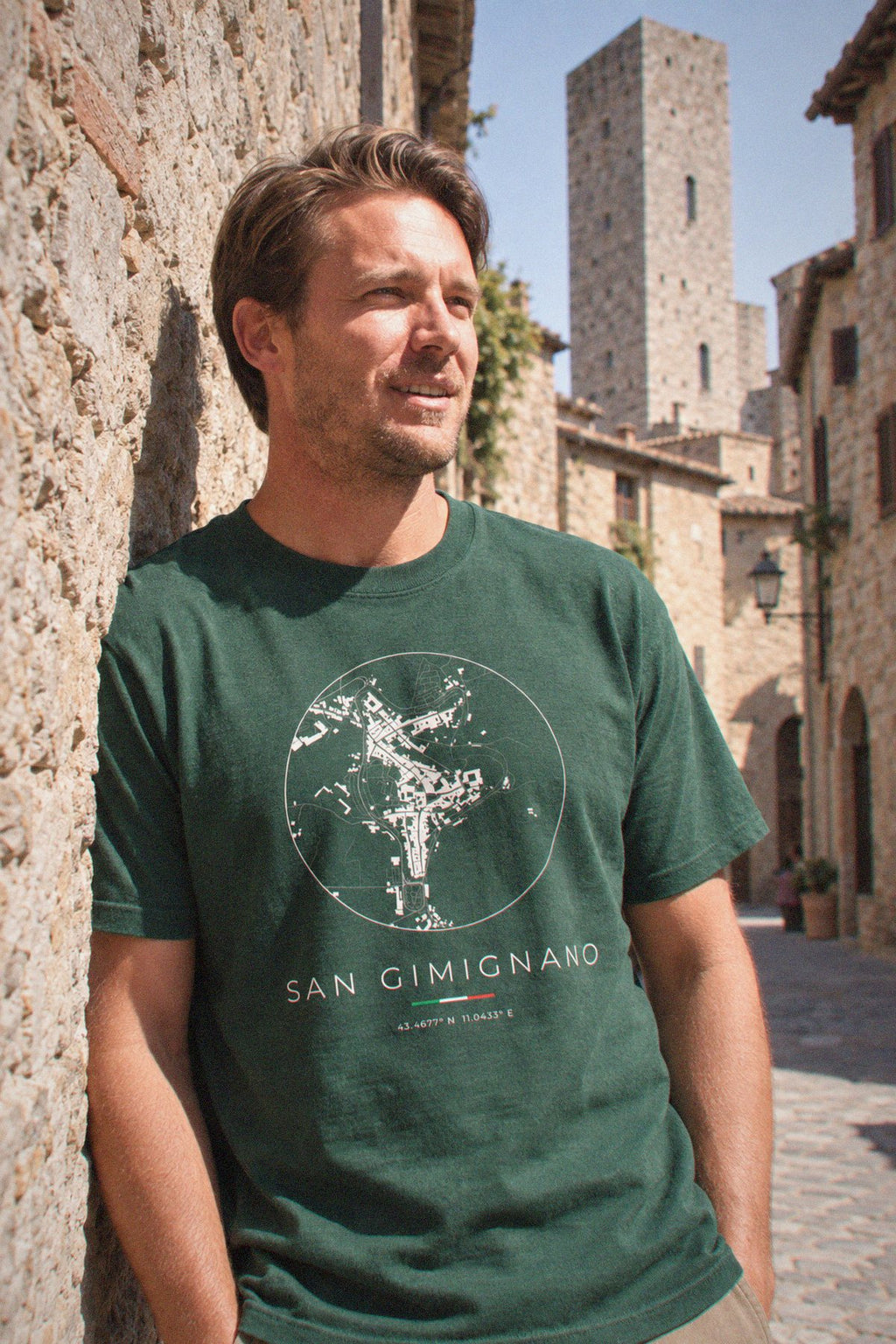 San Gimignano map t-shirt close-up on the chest print, San Gimignano