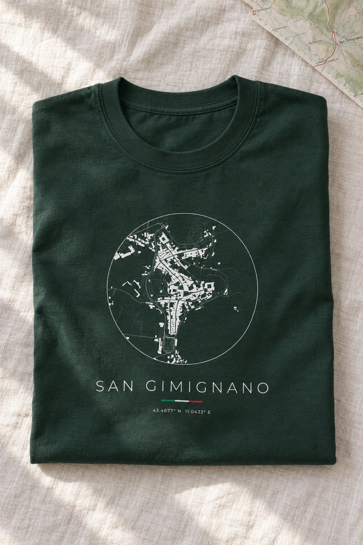San Gimignano map t-shirt folded flat, front print