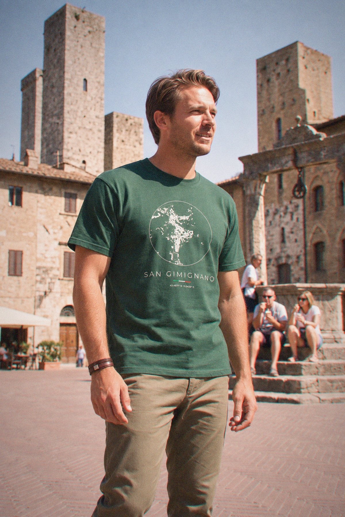 San Gimignano map t-shirt worn, three-quarter view, San Gimignano
