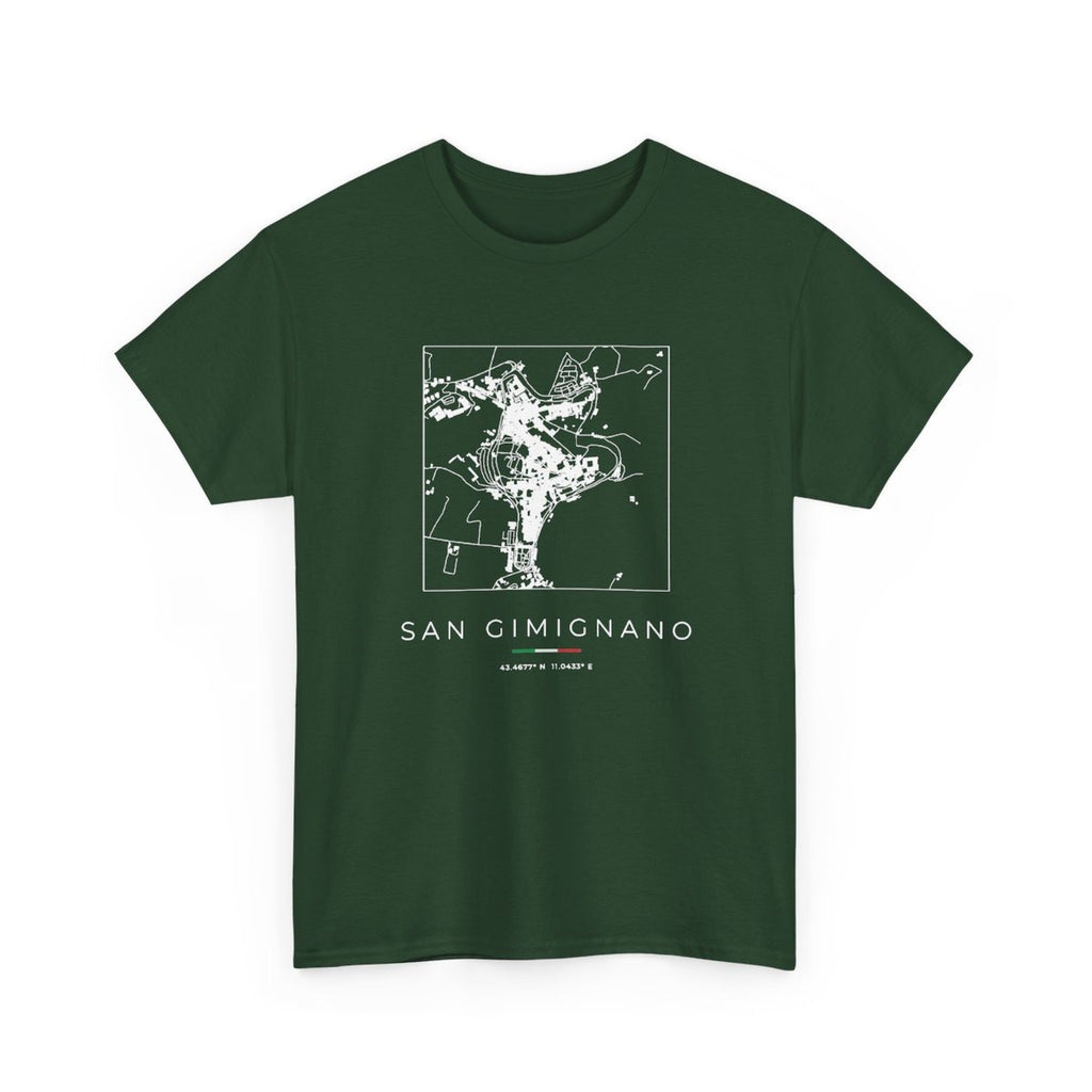 San Gimignano Street Map T-Shirt, Square Map, Forest Green, Italy Travel Gift, flat lay