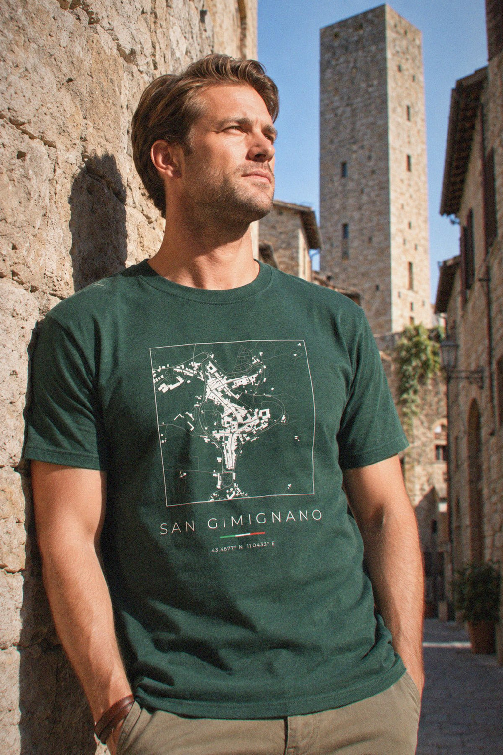 San Gimignano map t-shirt close-up on the chest print, San Gimignano