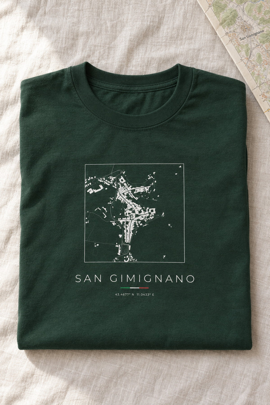San Gimignano map t-shirt folded flat, front print