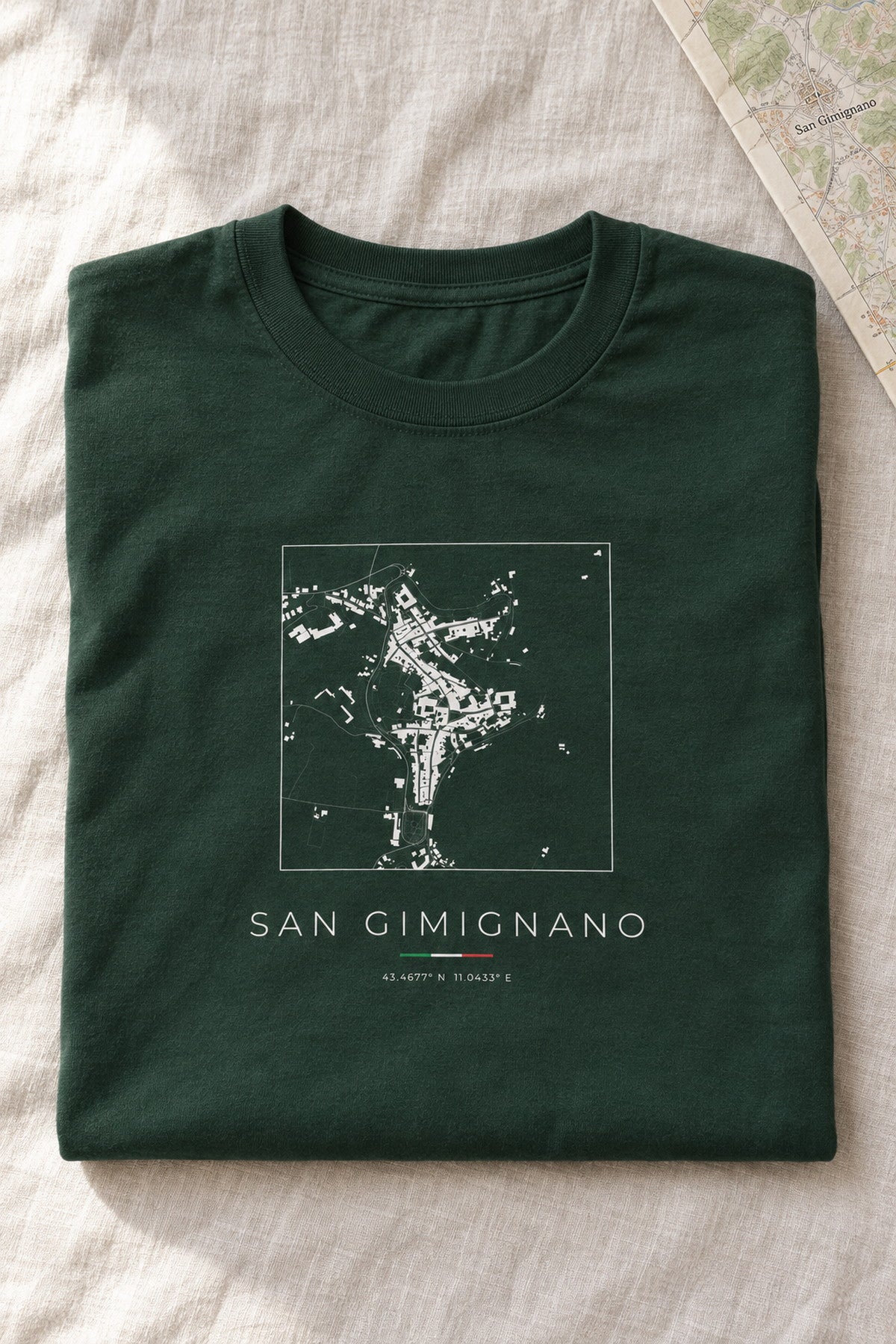 San Gimignano map t-shirt folded flat, front print