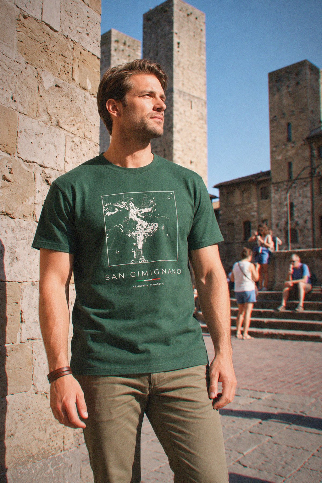 San Gimignano map t-shirt worn, three-quarter view, San Gimignano