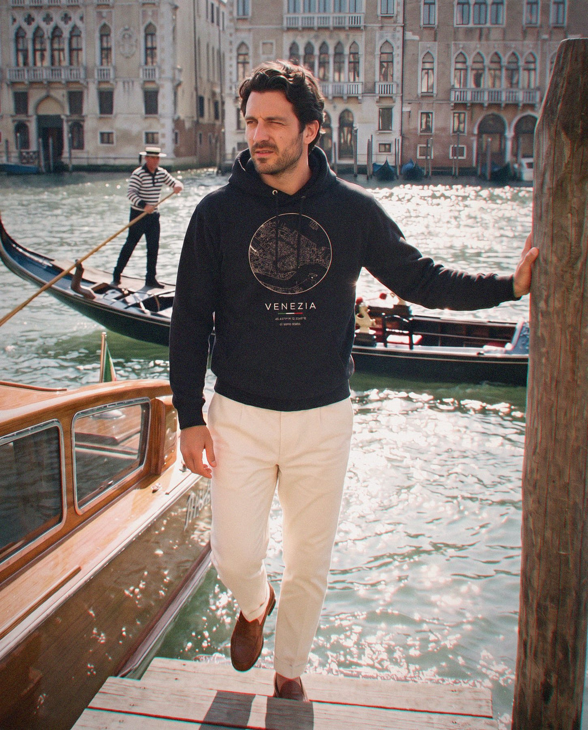 Venice map hoodie in Black, circle street map of Venice, worn in Venice. Postmark.