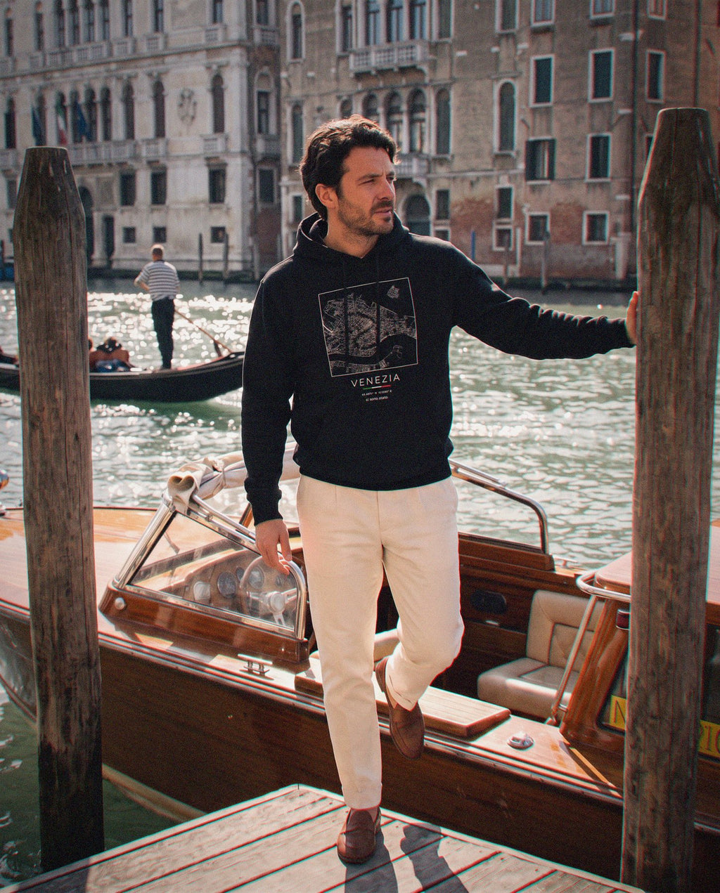 Venice map hoodie in Black, square street map of Venice, worn in Venice. Postmark.