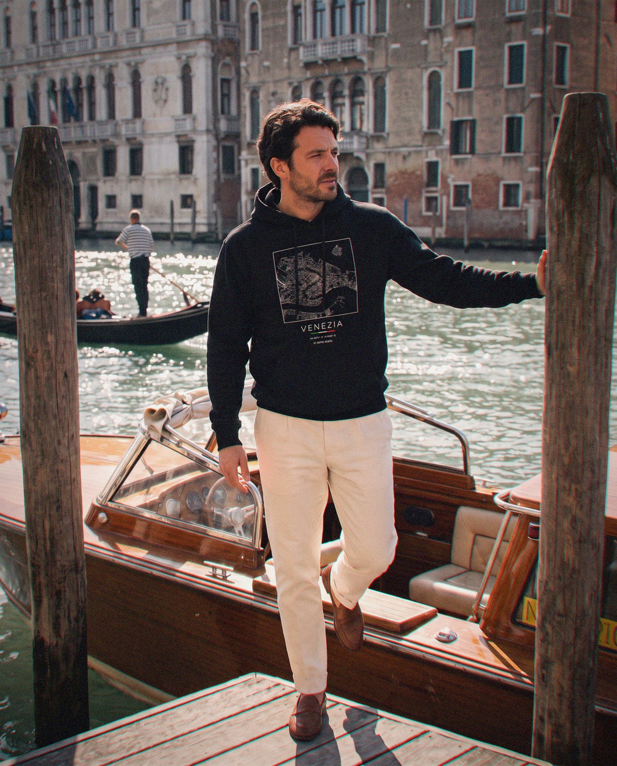 Venice map hoodie in Black, square street map of Venice, worn in Venice. Postmark.