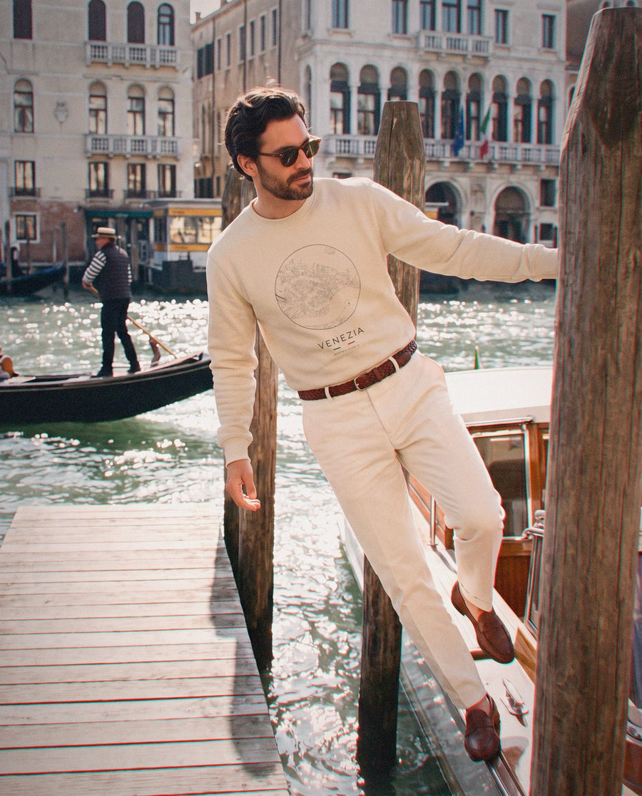 Venice map sweatshirt in Sand, circle street map of Venice, worn in Venice. Postmark.
