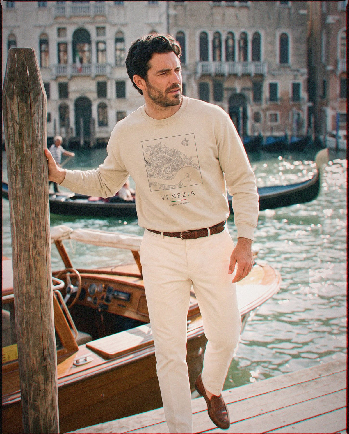 Venice map sweatshirt in Sand, square street map of Venice, worn in Venice. Postmark.